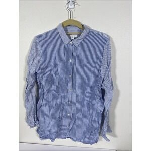 J Jill Love Linen Blue Button Up Collared Top L/S Size Med Striped‎ B2